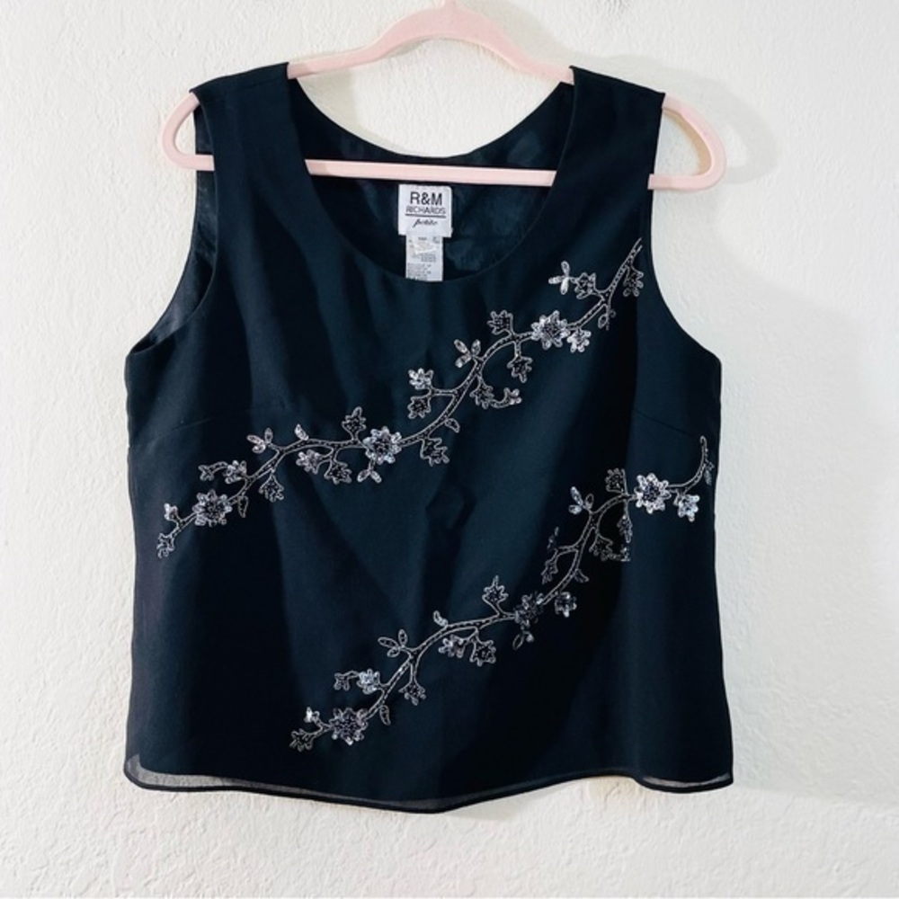 R&M Richards Round Neck Sleeveless Embellished Evening Top Women Size 14P Black